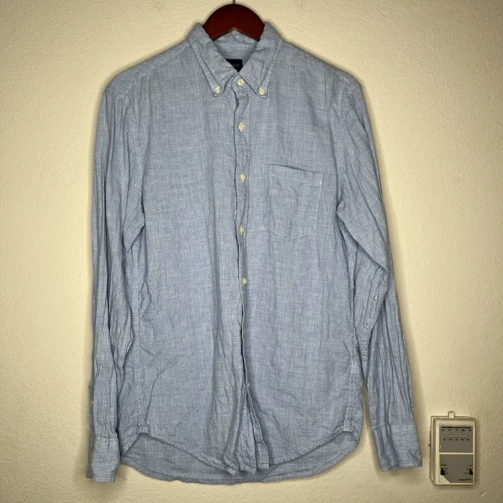 J Crew Linen Cotton Gingham Long Sleeve Button Down Collar Dress Shirt SZ M